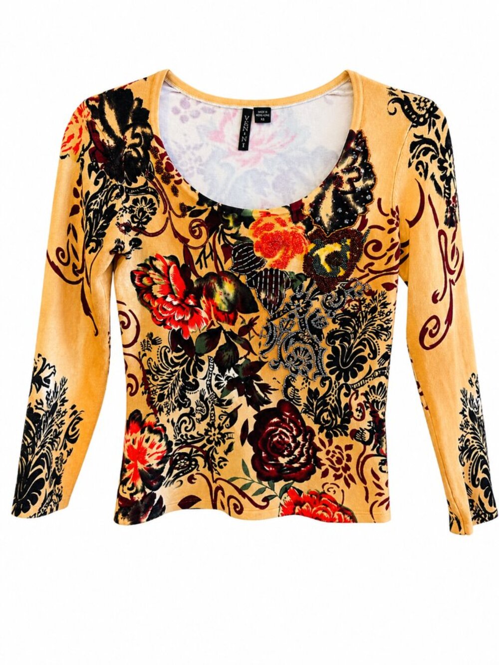 Venini Beaded Floral Baroque Long Sleeve Top XS Embellished Boho Sweater Top